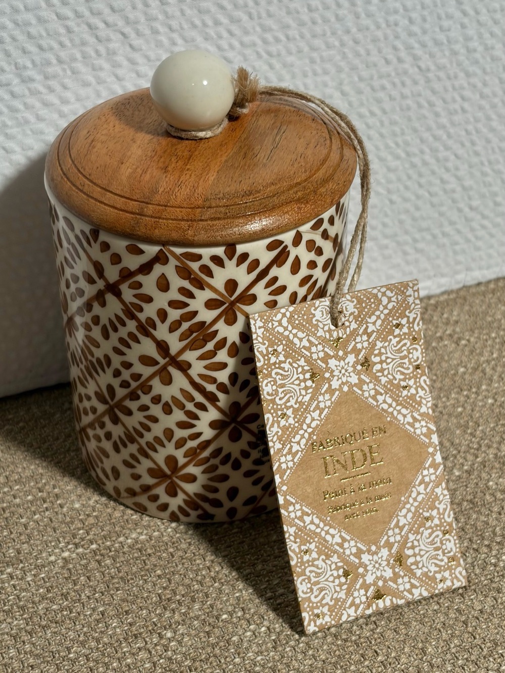 Ceramic Jar with Wooden Lid - Hand-Painted Brown & Cream - Picture 2 of 8
